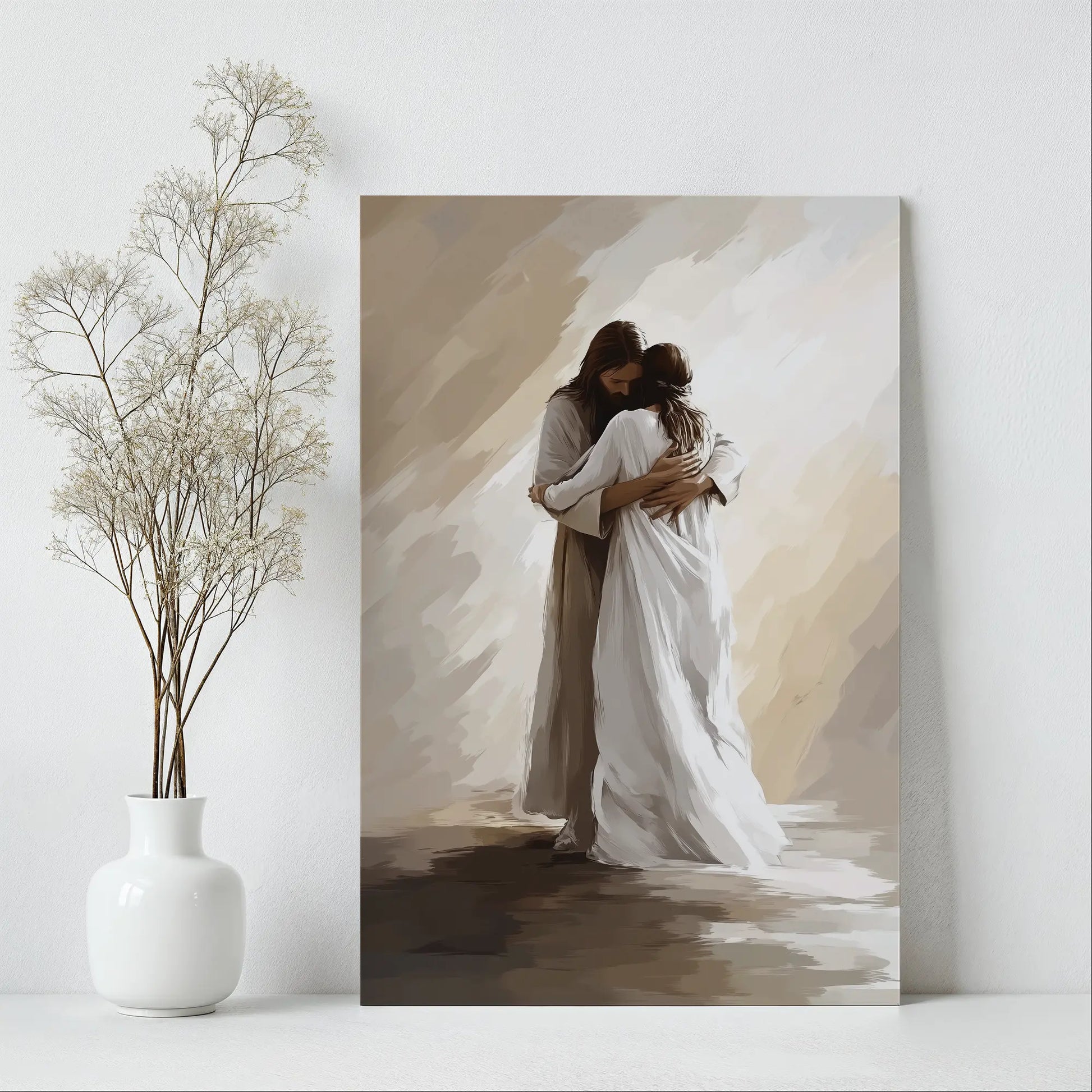Jesus hugging woman contemporary painting, framed Christian home decor, faith wall art.