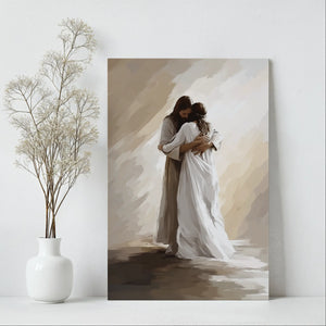 Jesus hugging woman contemporary painting, framed Christian home decor, faith wall art.