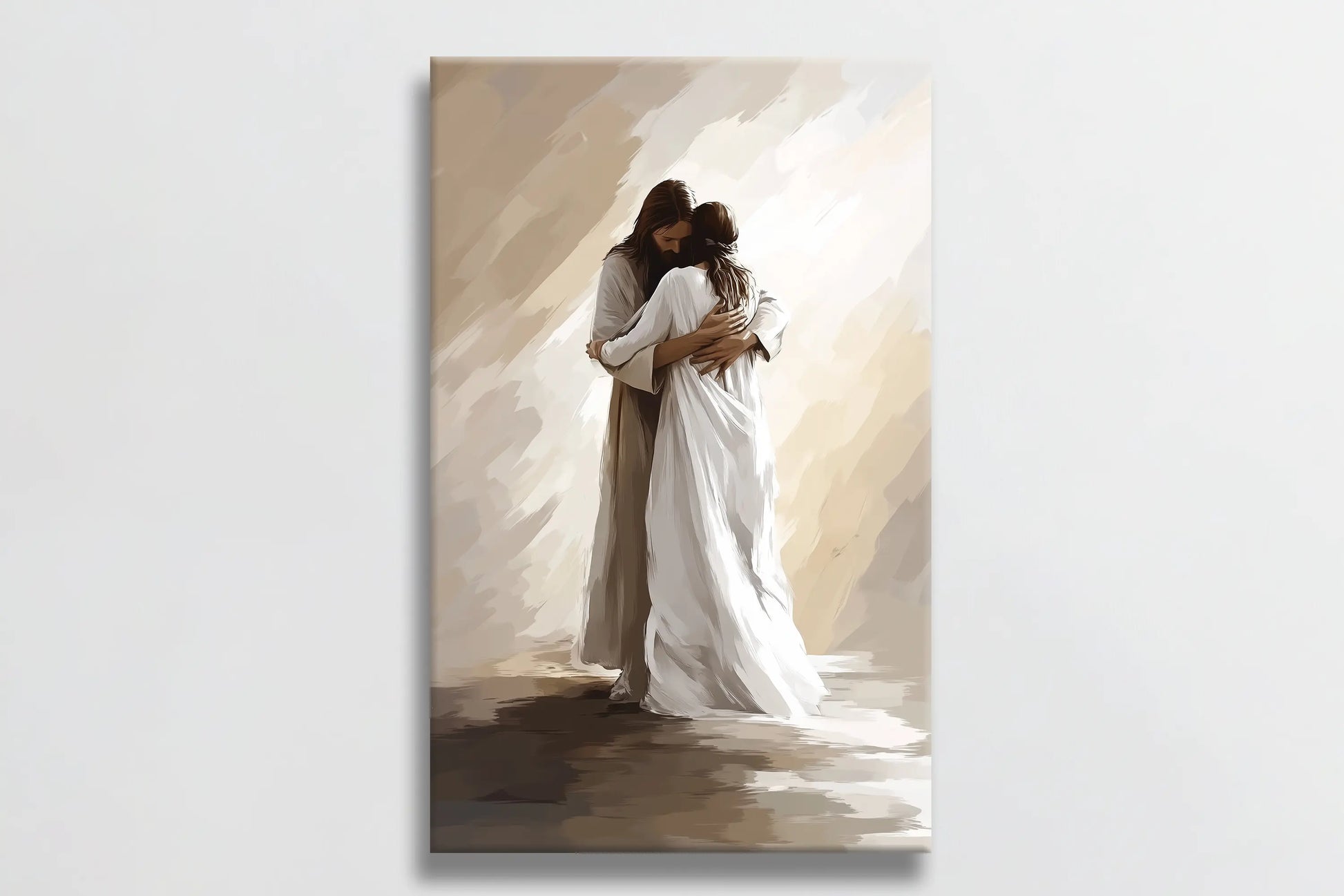 Jesus embracing woman framed religious artwork, Christian faith-inspired home decor.