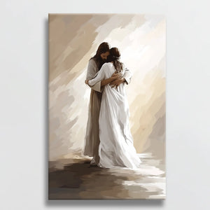 Jesus embracing woman framed religious artwork, Christian faith-inspired home decor.