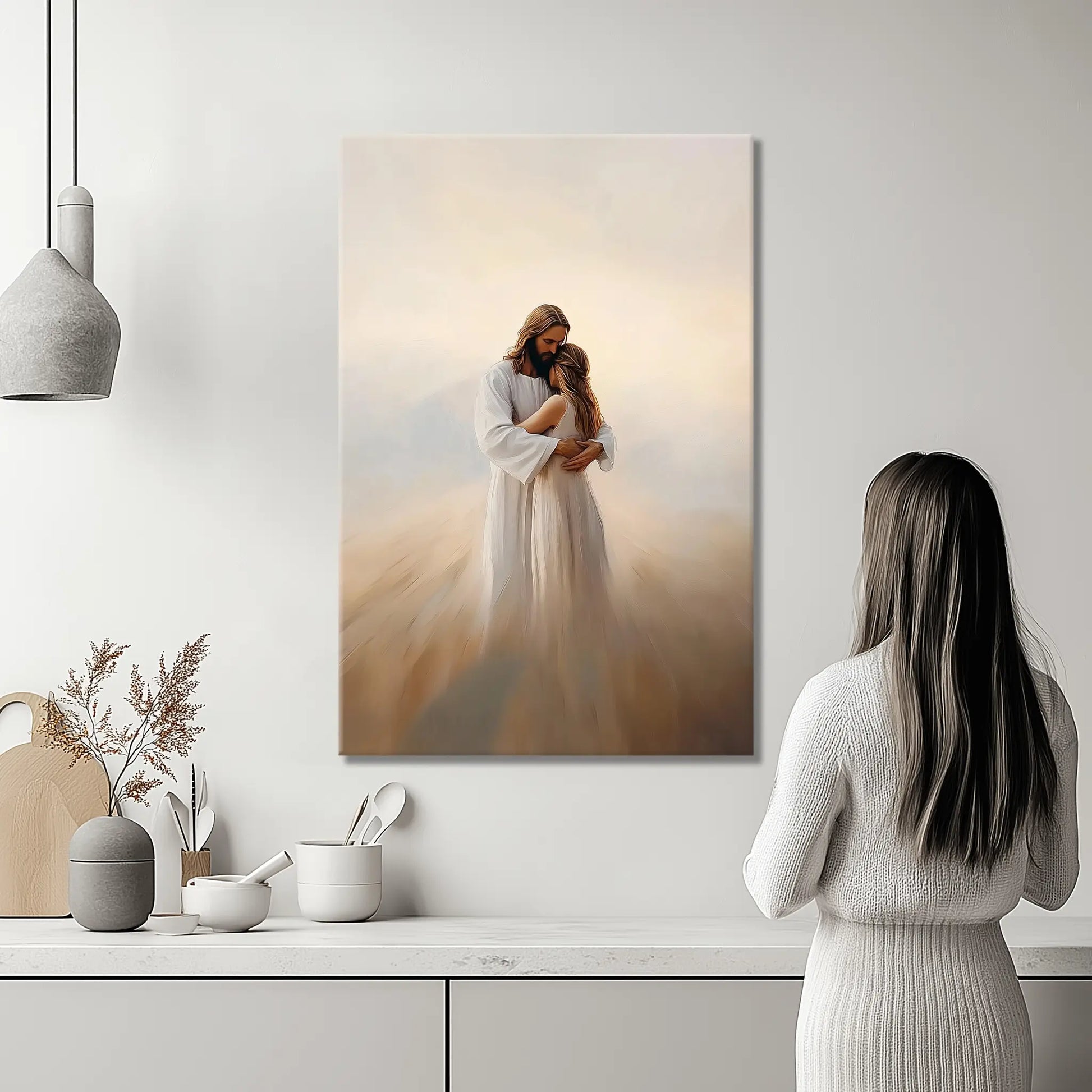 Christian wall art of Jesus embracing woman, framed spiritual artwork, faith-inspired canvas.