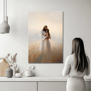Christian wall art of Jesus embracing woman, framed spiritual artwork, faith-inspired canvas.