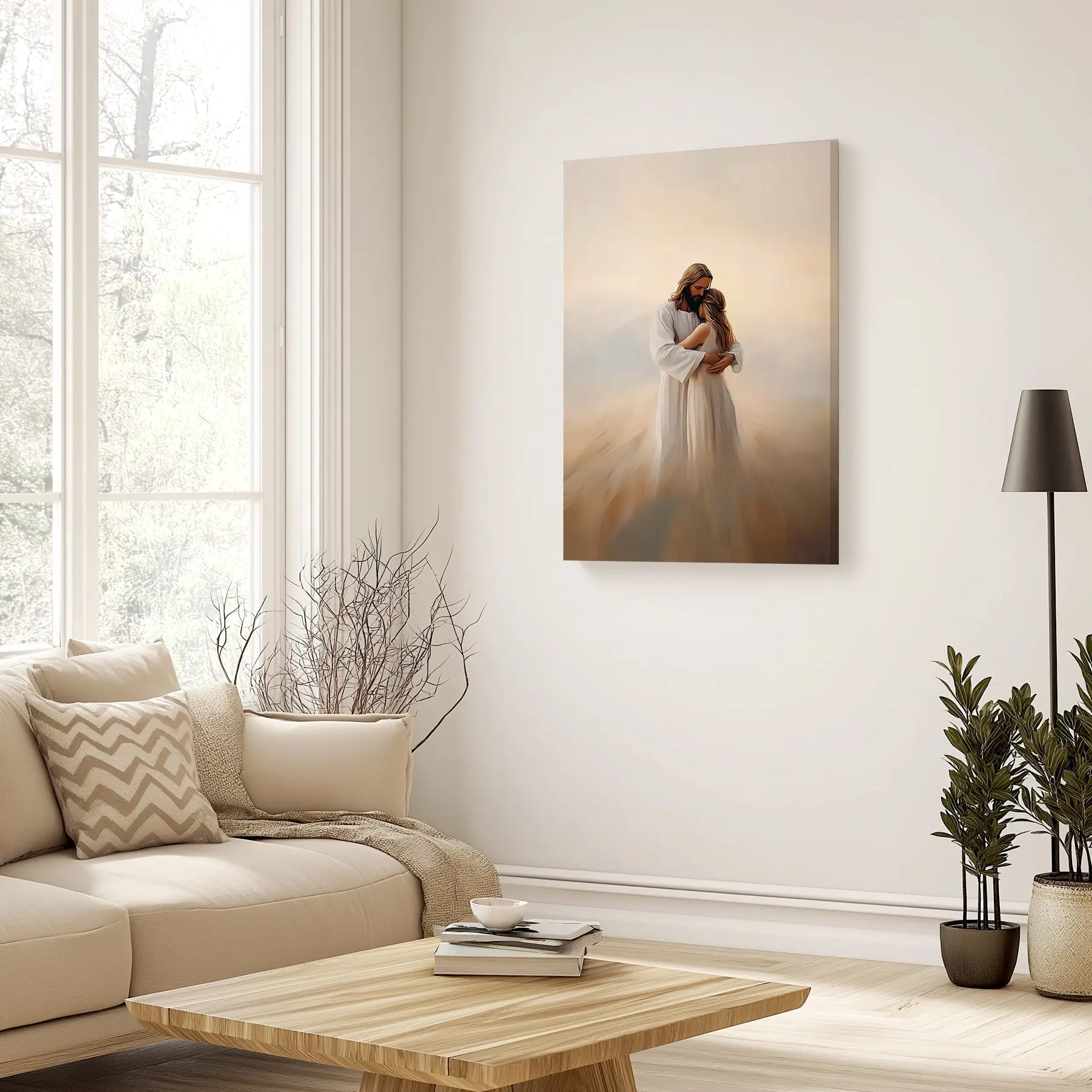 Jesus hugging woman faith wall art, framed Christian decor, religious artwork prints.