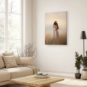 Jesus hugging woman faith wall art, framed Christian decor, religious artwork prints.