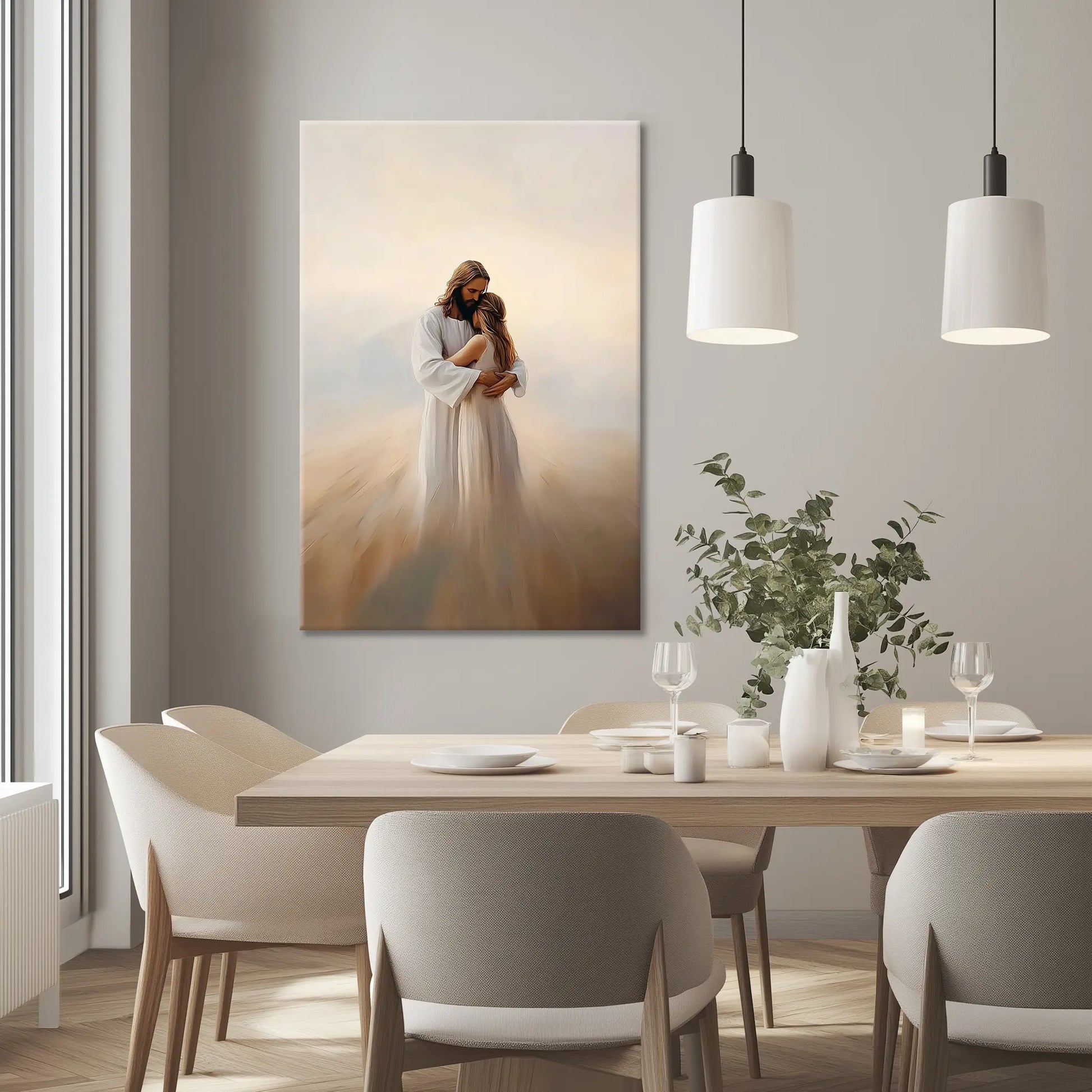 Jesus embracing woman painting, Christian artwork framed, contemporary faith canvas.