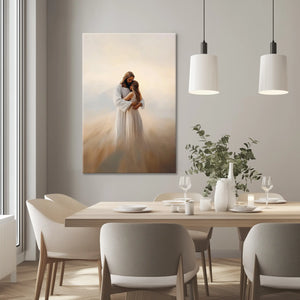 Jesus embracing woman painting, Christian artwork framed, contemporary faith canvas.