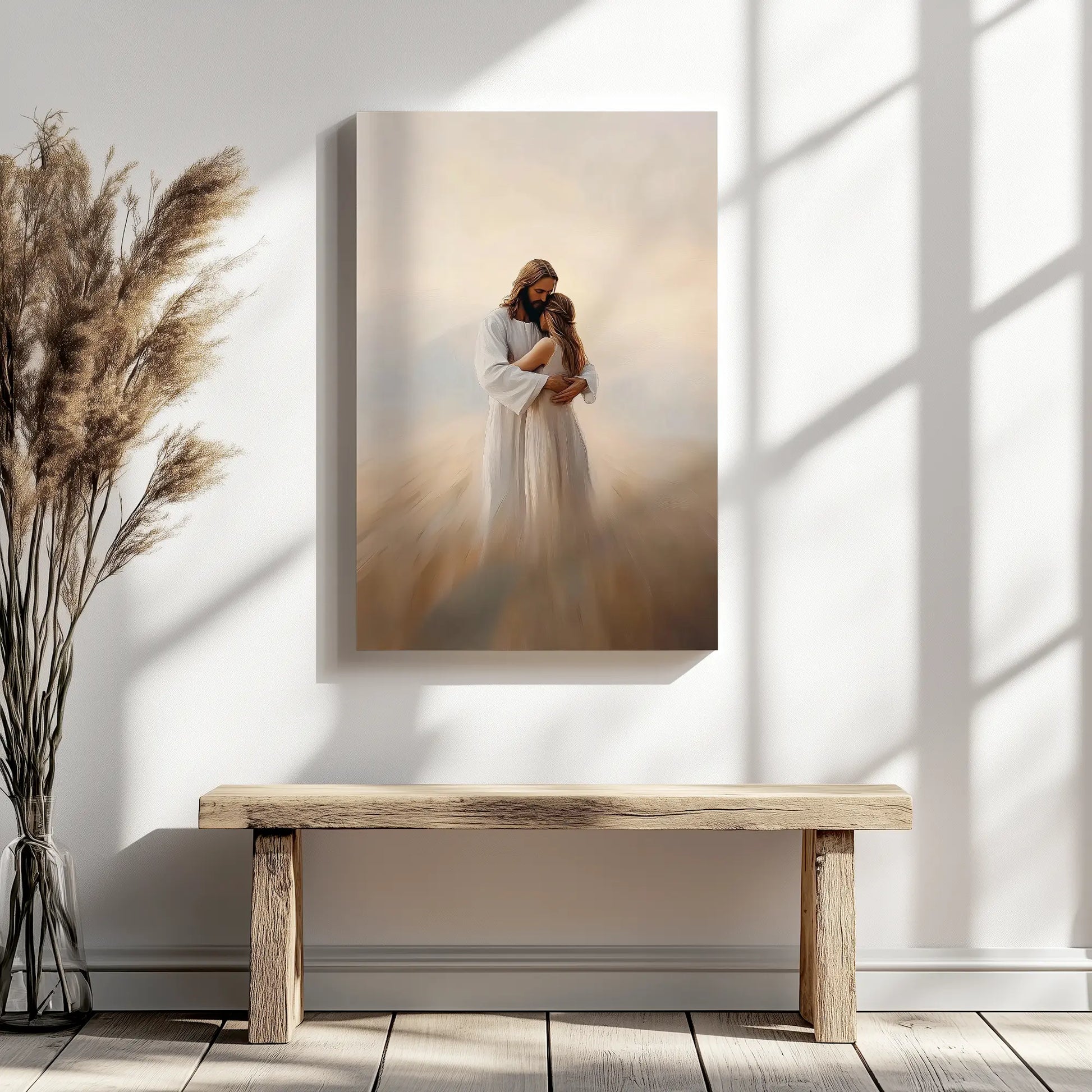 Christian canvas print of Jesus hugging woman, framed religious art, inspirational home decor.