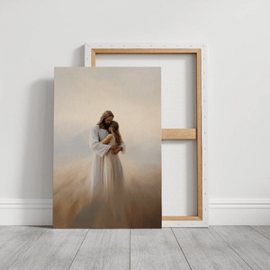 Religious framed picture of Jesus hugging woman, faith-inspired Christian artwork, canvas print.