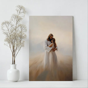 Jesus hugging woman framed religious painting, modern Christian wall decor, faith artwork.