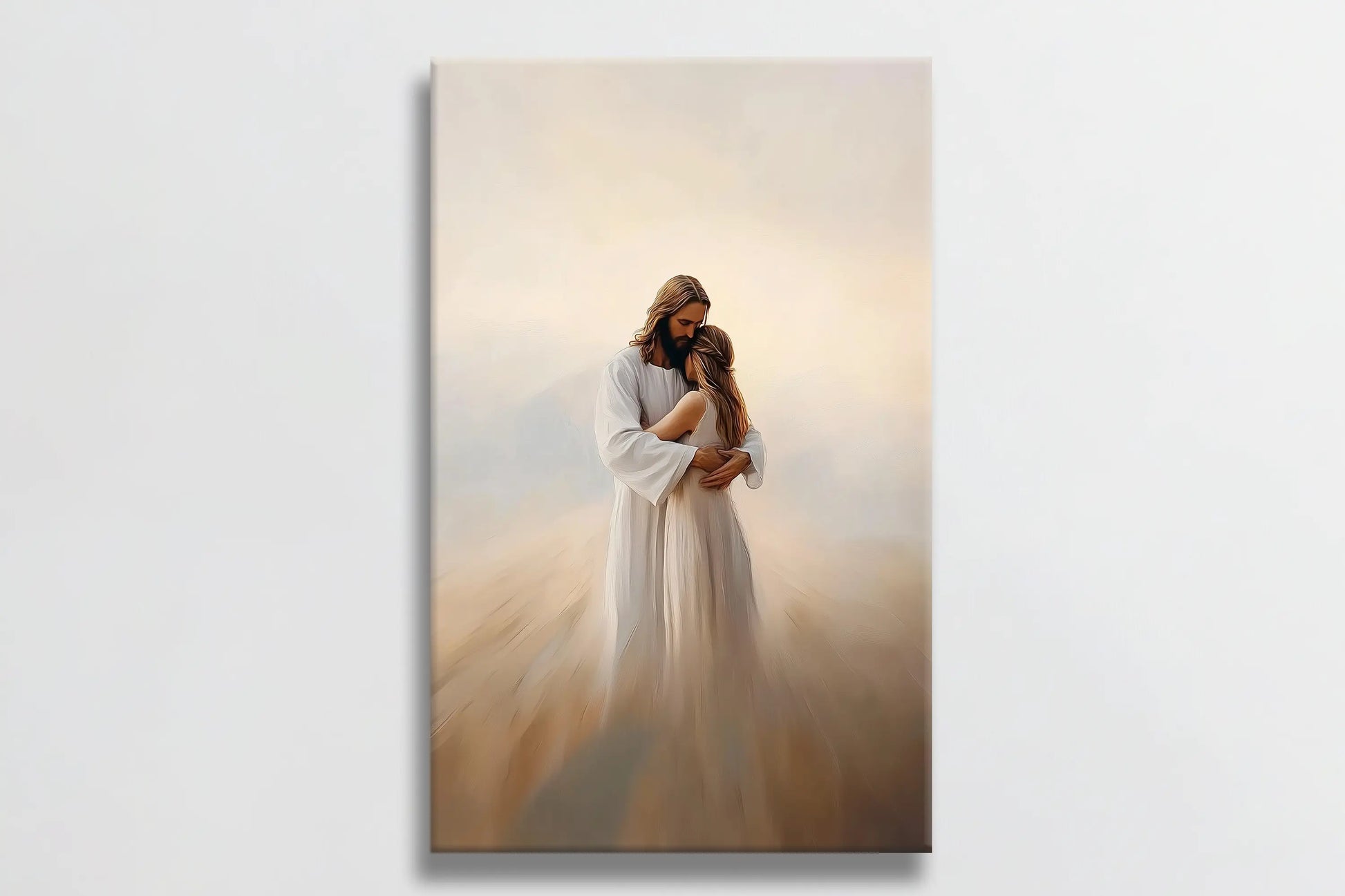 Large Christian wall art Jesus hugging woman, framed faith print, inspirational religious decor.