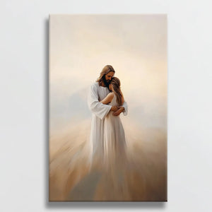 Large Christian wall art Jesus hugging woman, framed faith print, inspirational religious decor.