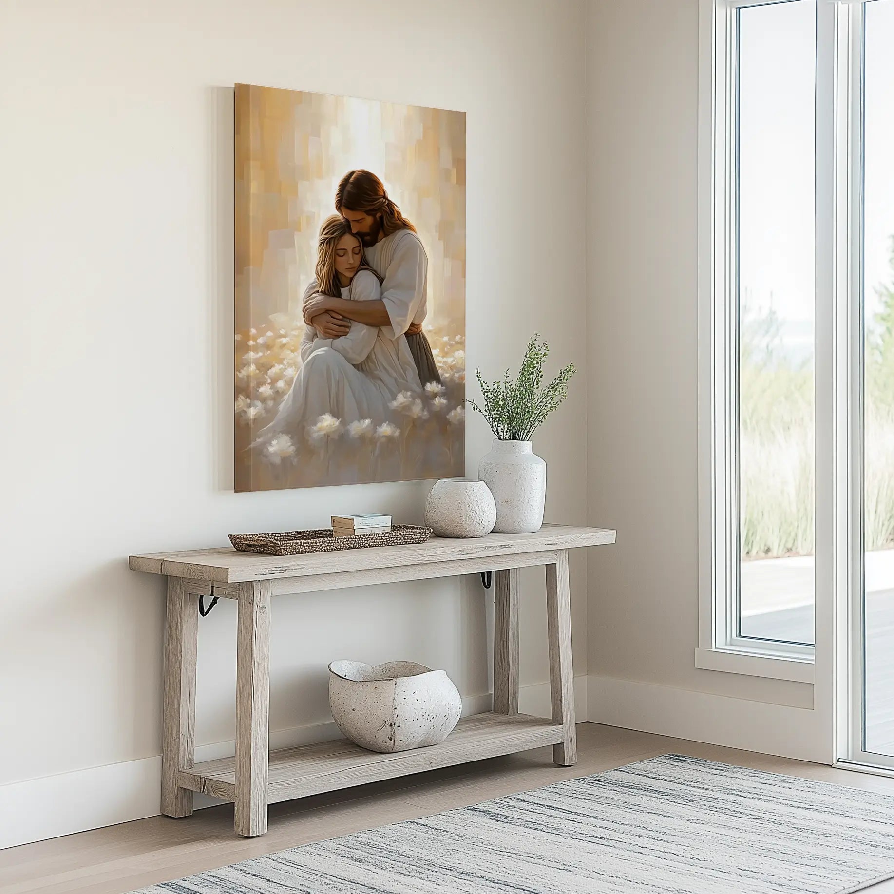 Jesus hugging woman modern Christian wall art, faith-based artwork, framed religious print.