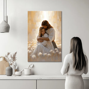 Christian faith canvas print of Jesus embracing woman, framed religious home decor.