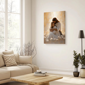 Christian faith canvas print of Jesus embracing woman, framed religious home decor.