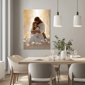 Religious framed artwork of Jesus embracing woman, contemporary Christian home decor.