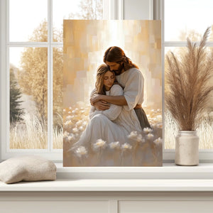 Large Christian wall art Jesus hugging woman, framed faith canvas, inspirational religious painting.