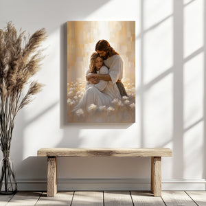 Jesus hugging woman inspirational framed painting, spiritual Christian artwork, religious decor.