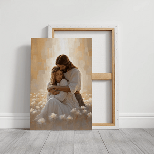 Christian faith wall art Jesus hugging woman, framed religious canvas, contemporary artwork.