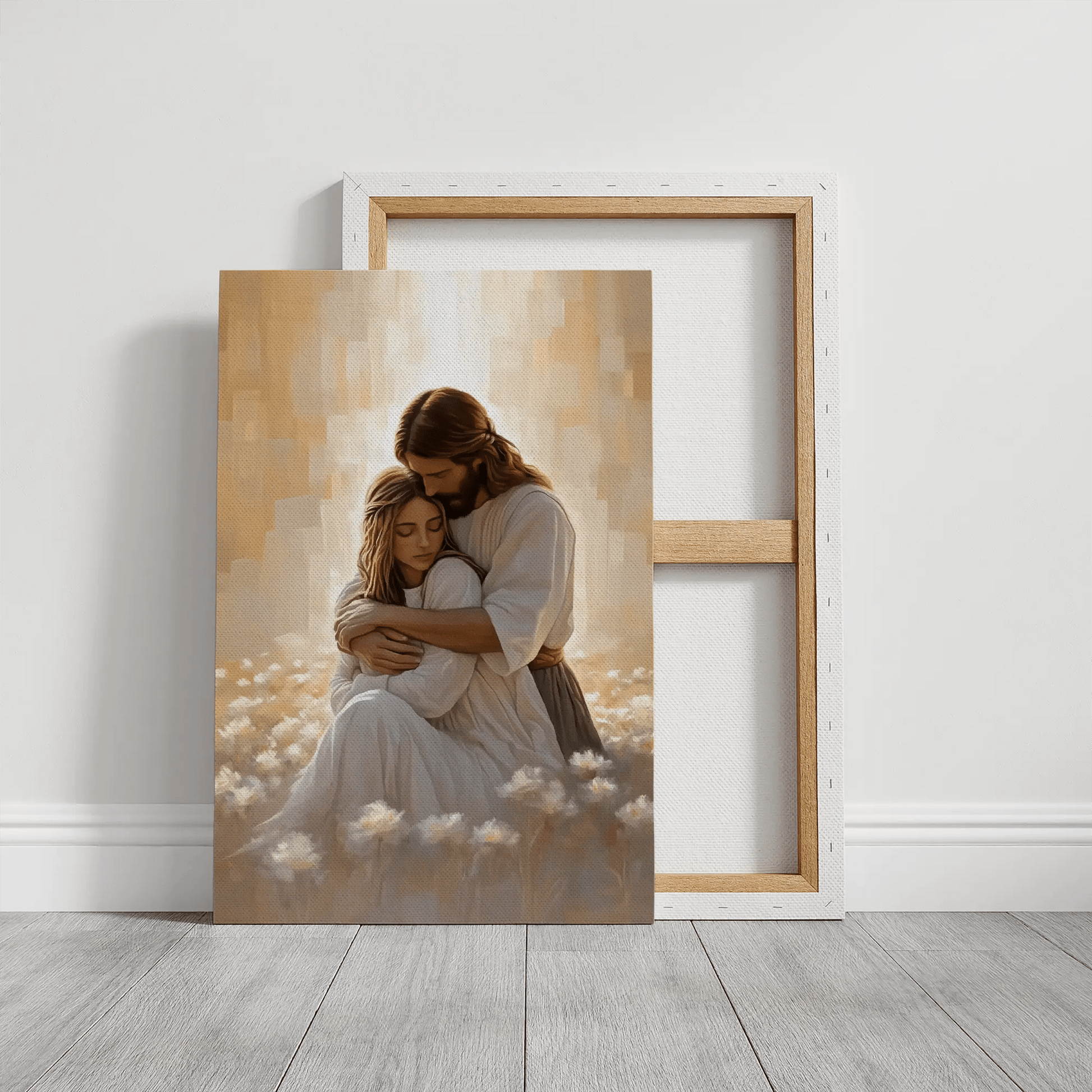 Christian faith wall art Jesus hugging woman, framed religious canvas, contemporary artwork.