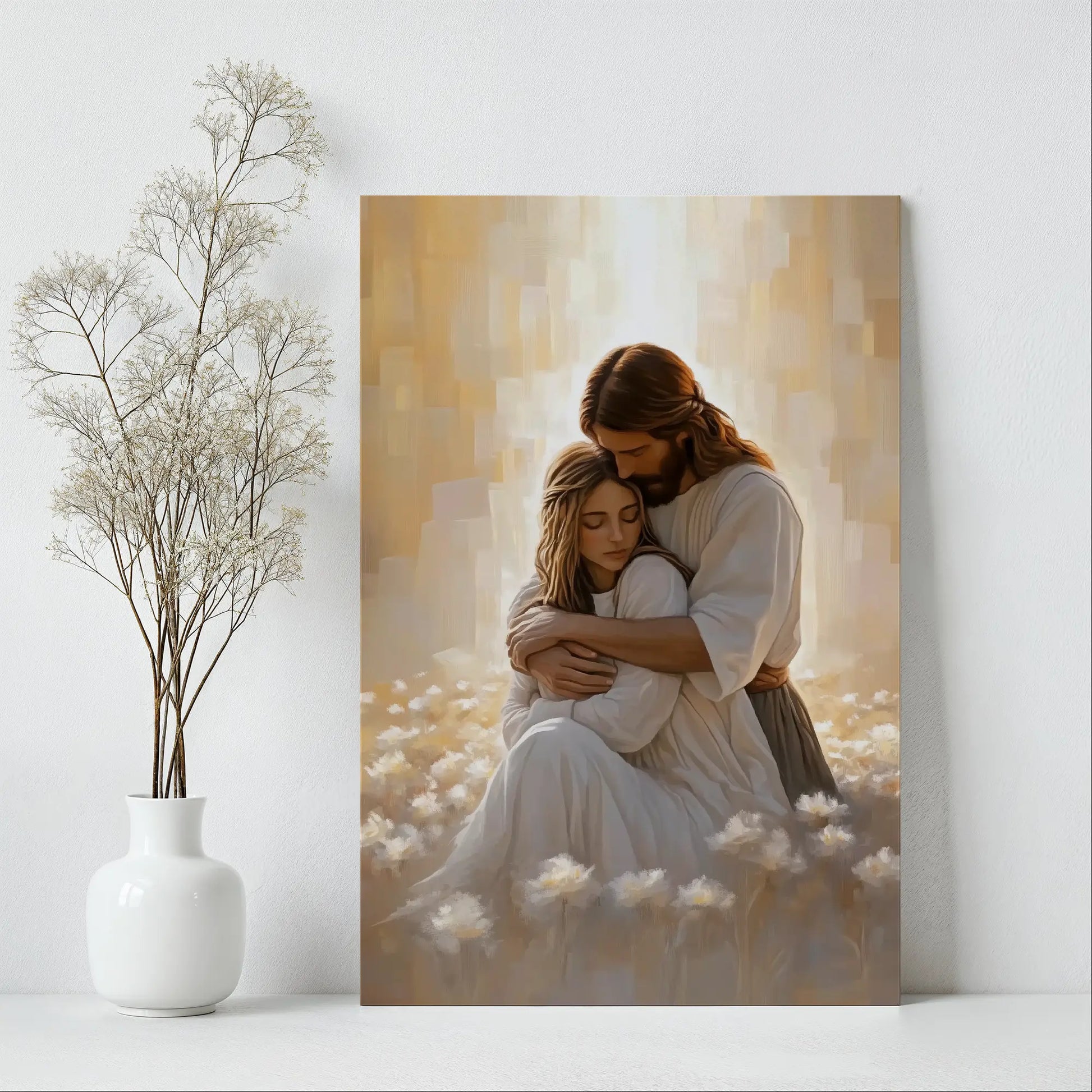 Jesus embracing woman framed picture, contemporary Christian canvas, faith-inspired print.
