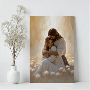 Jesus embracing woman framed picture, contemporary Christian canvas, faith-inspired print.
