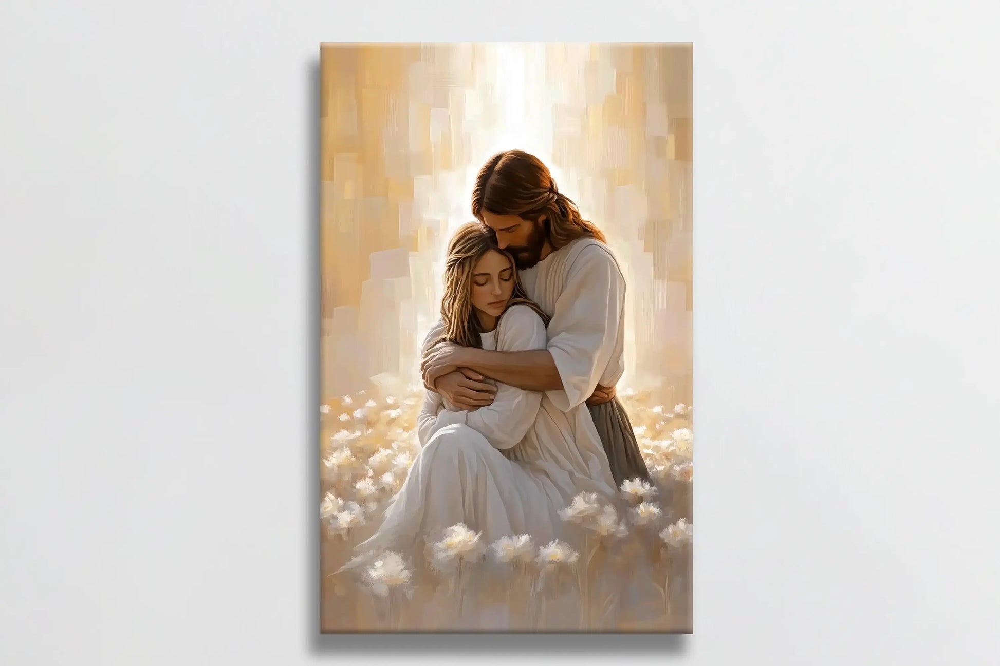 Christian framed artwork of Jesus hugging woman, religious home decor, spiritual painting.