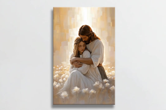 Christian framed artwork of Jesus hugging woman, religious home decor, spiritual painting.