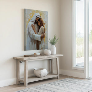 Jesus embracing woman painting, religious framed art, Christian home decor.