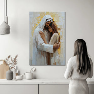 Jesus hugging woman modern artwork, Christian faith wall hanging, inspirational decor.
