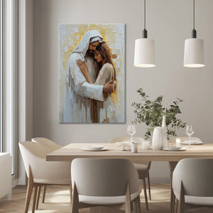 Contemporary Jesus embracing woman painting, Christian framed wall decor, faith print.