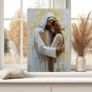 Emotional Jesus hugging woman artwork, Christian framed wall art, faith canvas print.