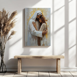 Christian framed picture of Jesus hugging woman, religious art canvas, spiritual home decor.