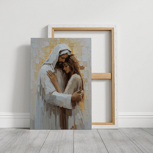 Large Christian canvas of Jesus hugging woman, framed religious artwork, faith-inspired print.