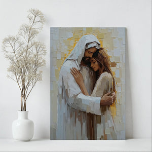 Inspirational Christian framed painting of Jesus embracing woman, religious home wall decor.