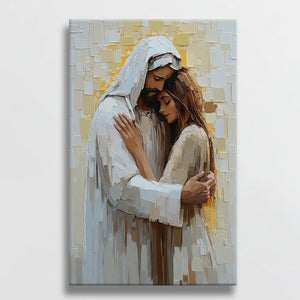 Jesus hugging woman canvas wall art, faith-based framed picture, spiritual Christian artwork.
