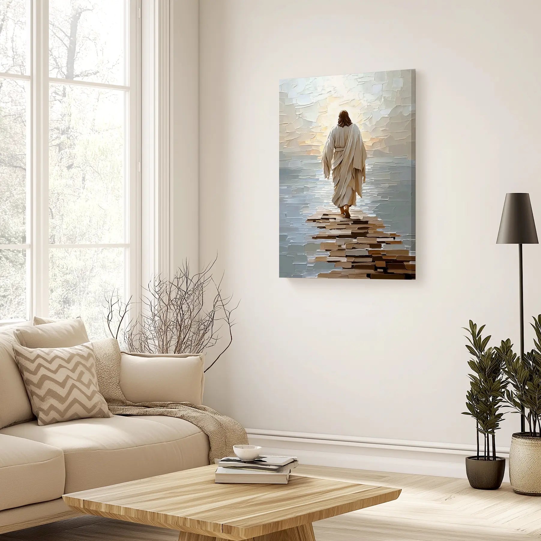 religious framed art, modern christian artwork, canvas jesus walking on water