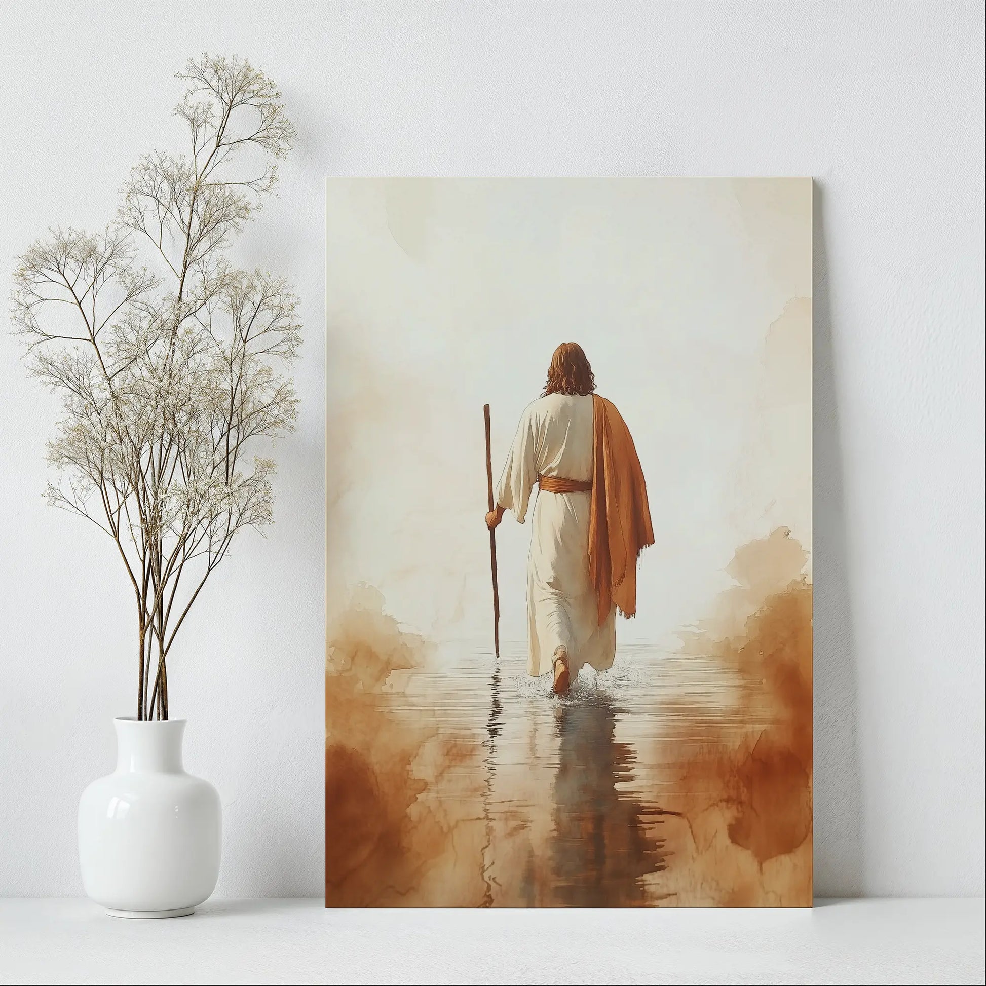 modern christian artwork, painting of christ walking on water, framed religious artwork
