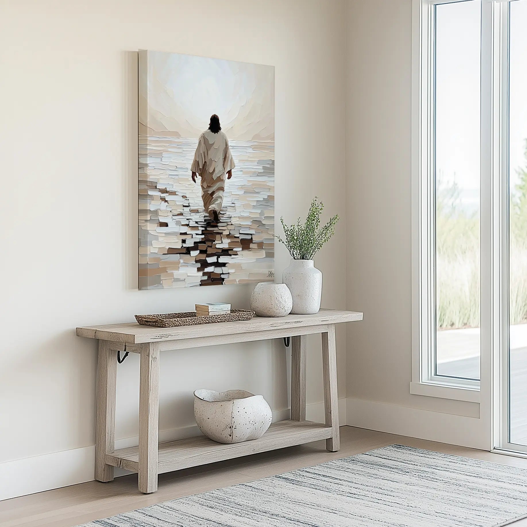 modern christian artwork, jesus on water painting, framed christian artwork