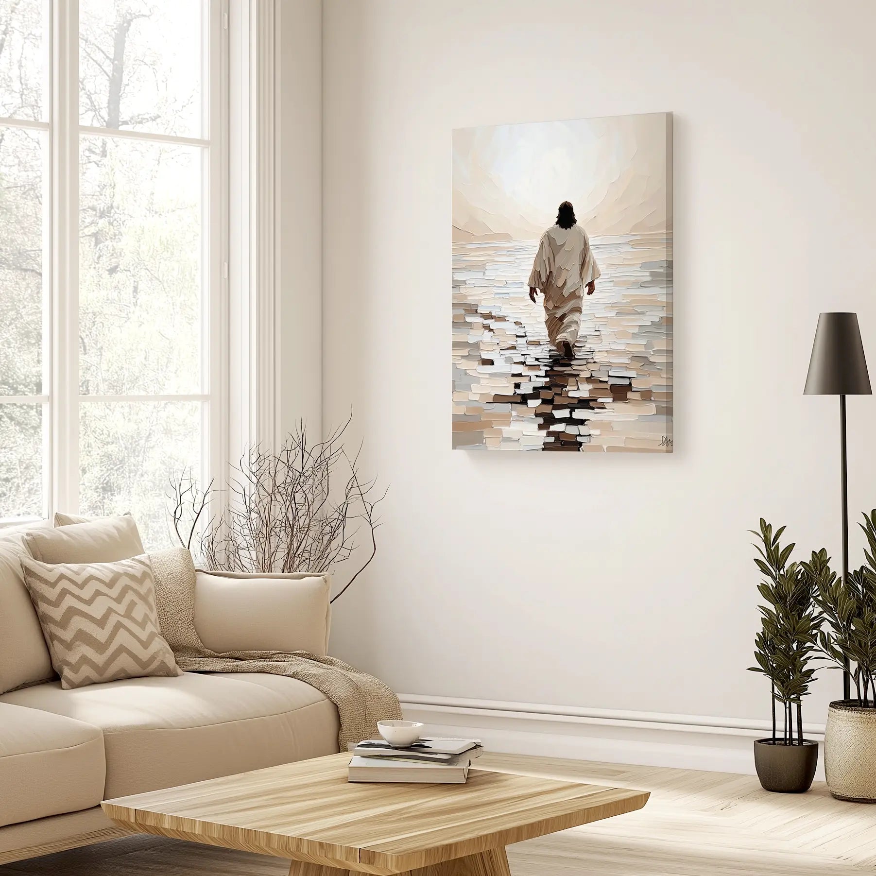 christian canvas wall hangings, painting of christ walking on water, framed christian art