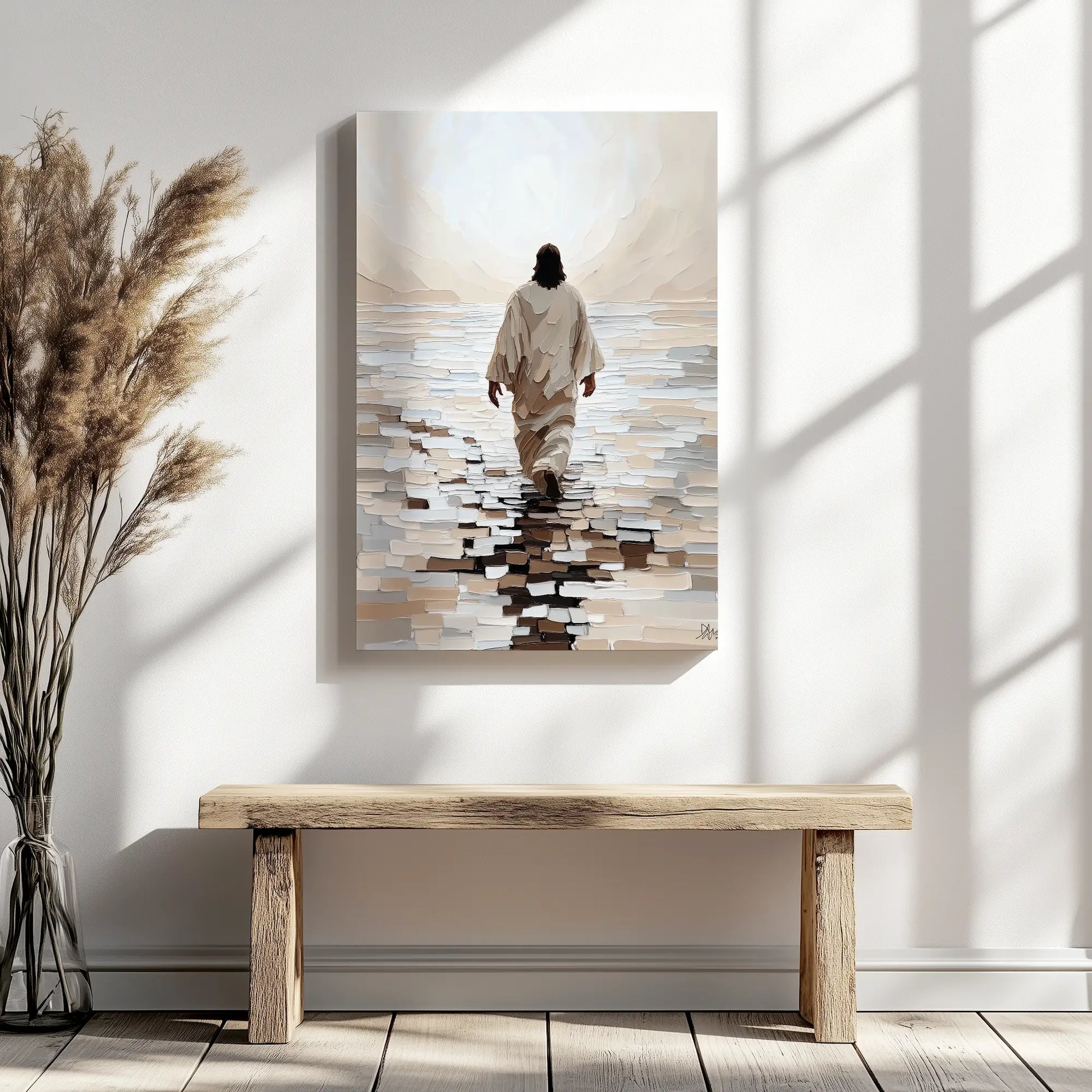 religious canvas wall art, jesus walking painting, christian home decor wall art