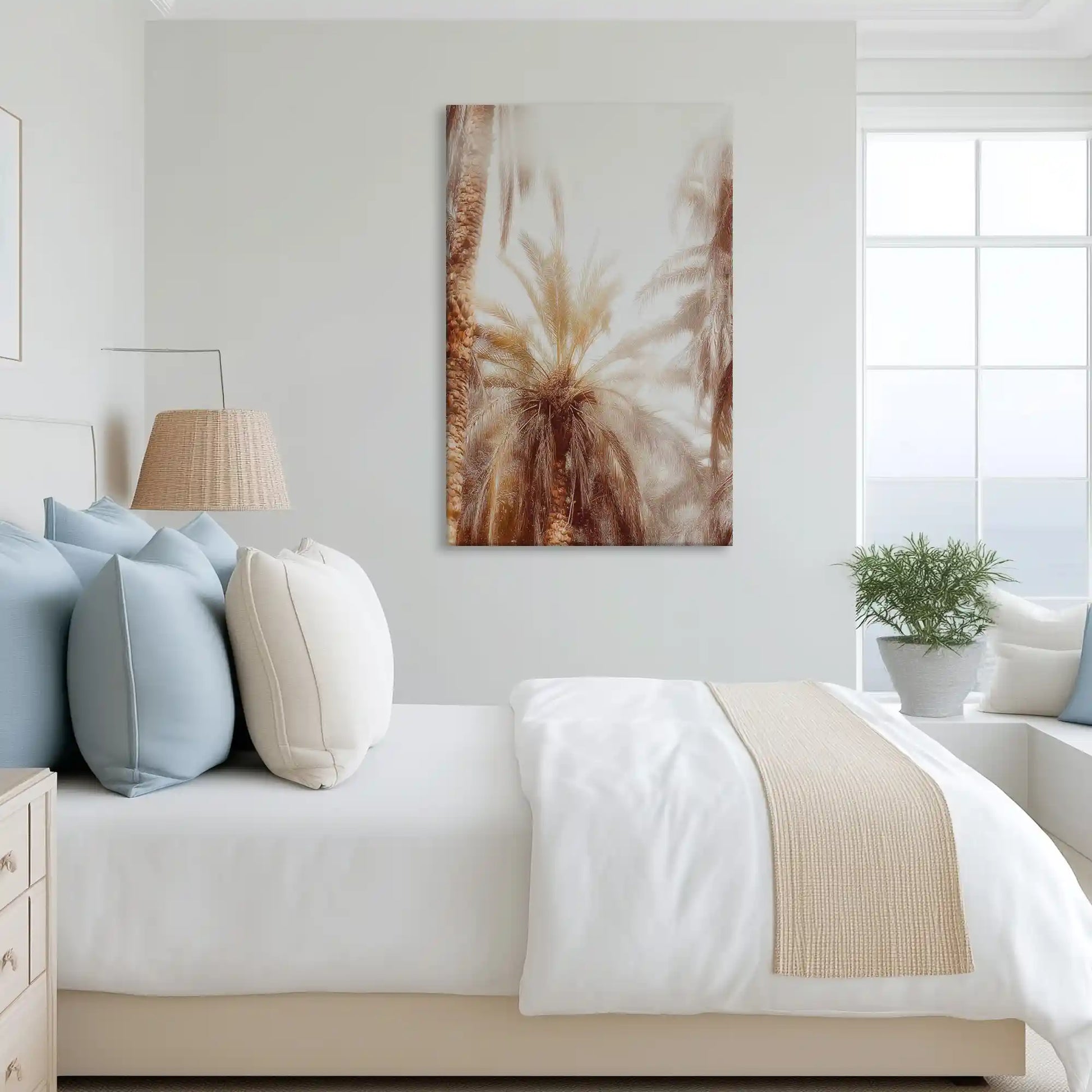 Tranquil palm canvas art complementing coastal-inspired decor with warm neutral tones