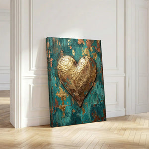 Fine art canvas featuring a bold heart motif in gold against a layered teal and copper backdrop with a passionate tone.