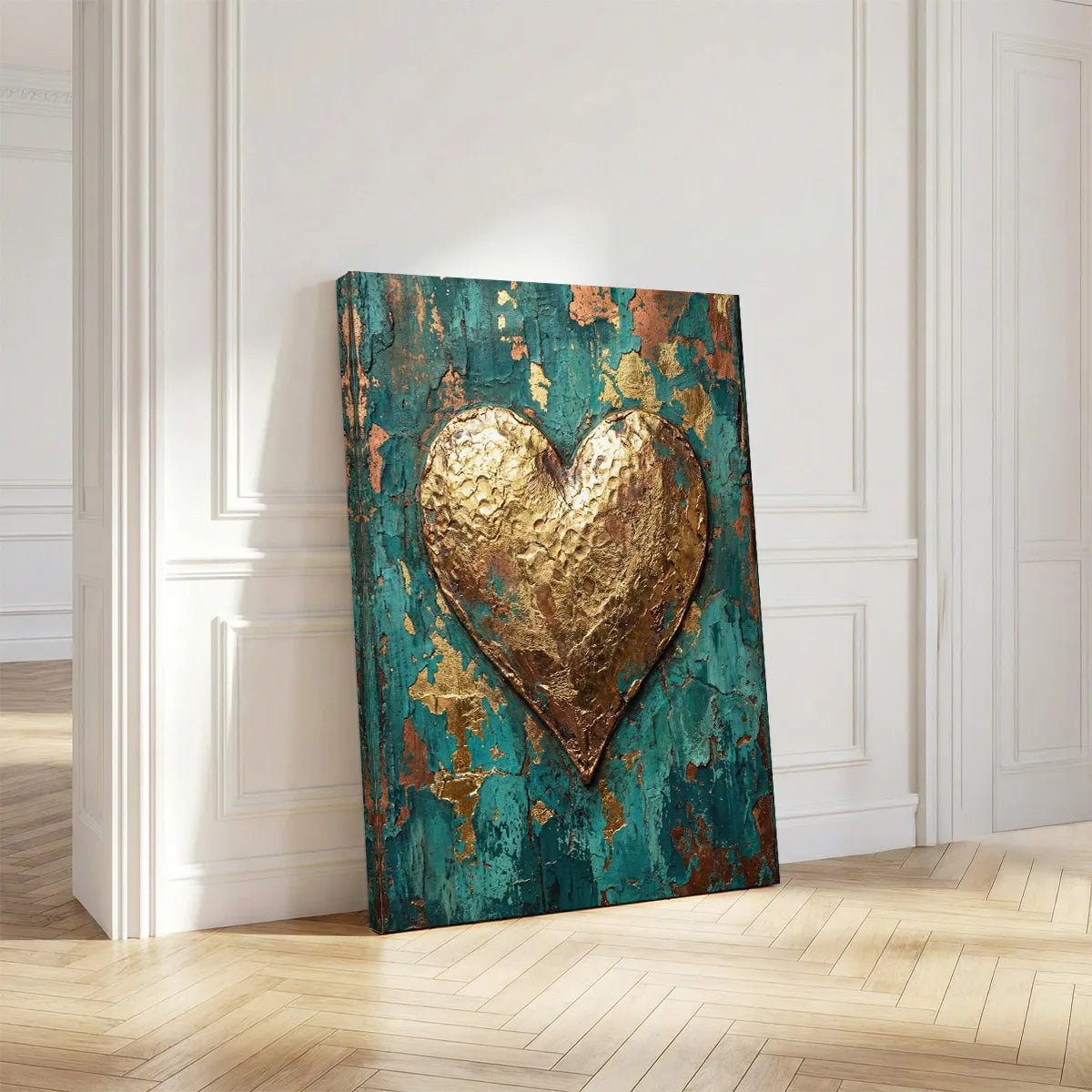 Fine art canvas featuring a bold heart motif in gold against a layered teal and copper backdrop with a passionate tone.