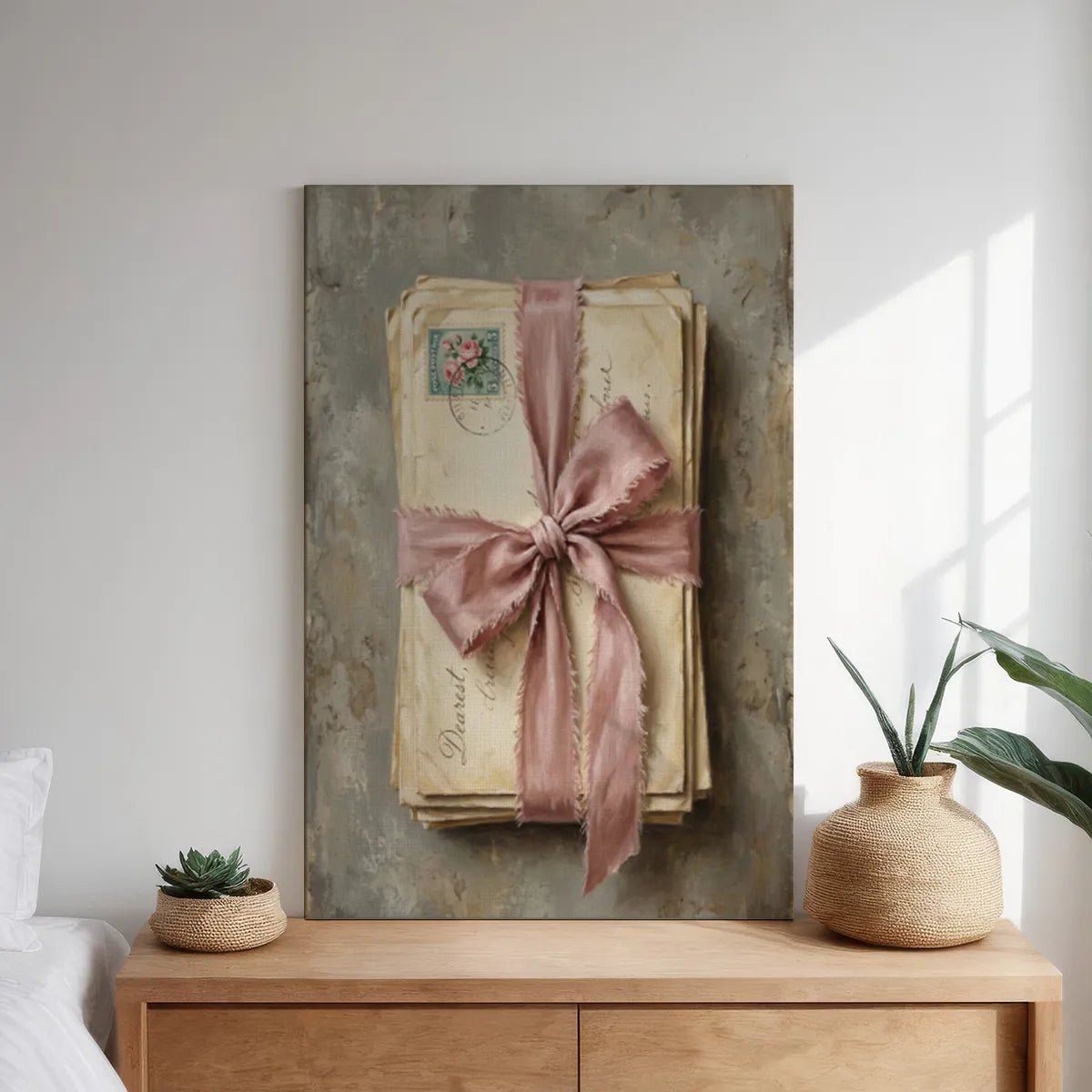 Canvas wall art print capturing the delicate charm of handwritten letters and romantic symbolism in a soft, painterly style.