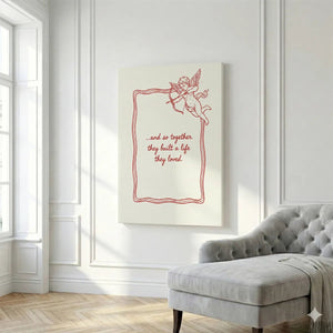 Cupid-themed canvas artwork with clean lines and centralized love quote, styled for romantic spaces like bedrooms.