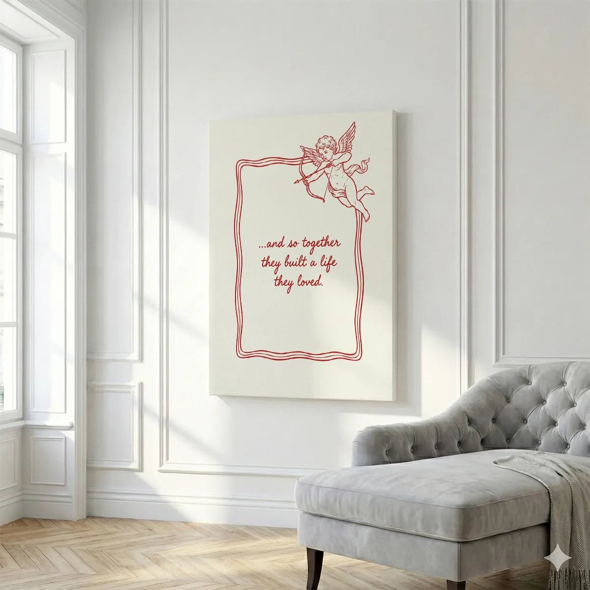 Cupid-themed canvas artwork with clean lines and centralized love quote, styled for romantic spaces like bedrooms.