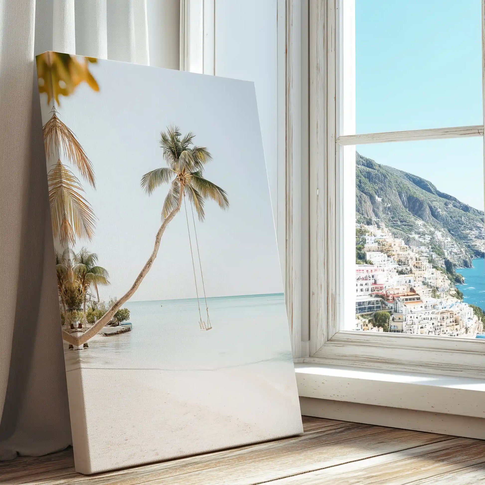 Palm tree with hanging swing captured in a coastal canvas print with minimalist tropical style
