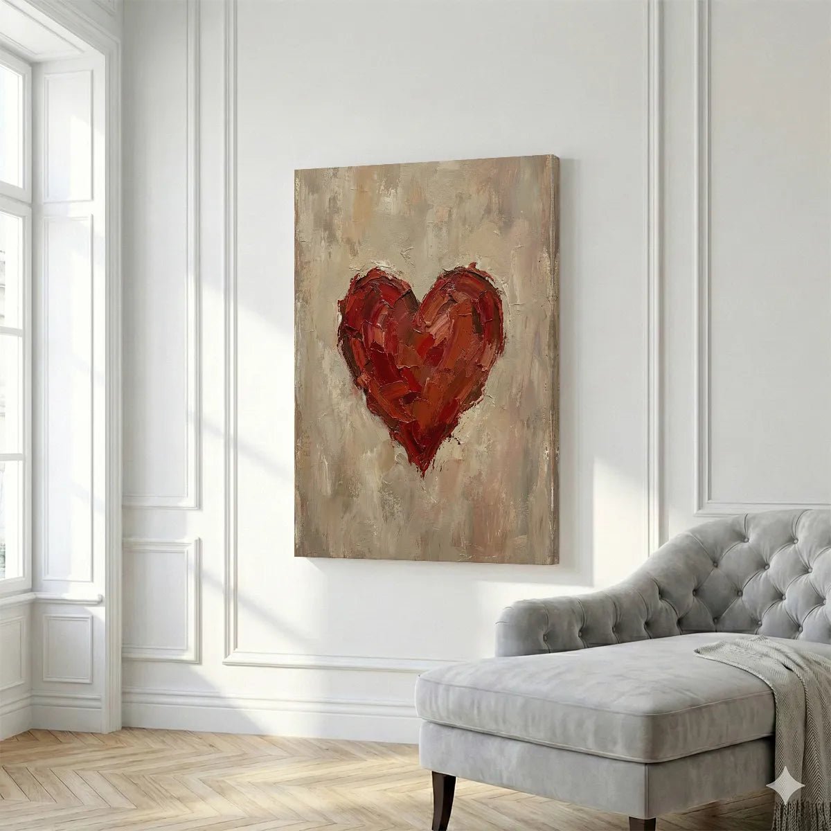 Vertical canvas art showcasing a rustic red heart with heavy brushwork on a soft, neutral background.