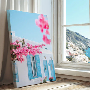 Bougainvillea over whitewashed home captured in a canvas print with modern style