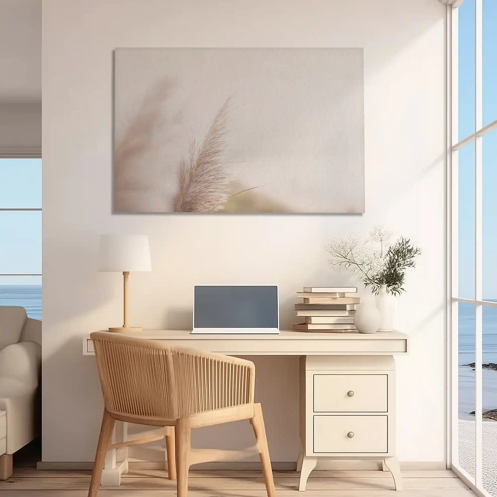 Oversized shoreline grass canvas print styled as calming wall decor for homes